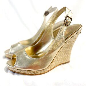 Lilly Pulitzer Kristin Gold Metallic Leather Sling Back Peep Toe Wedge Heels 7